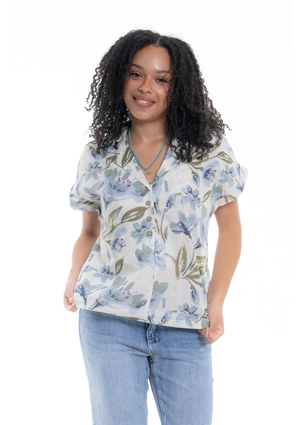 Cream Haven Cuff Top in blue floral print cotton, front view