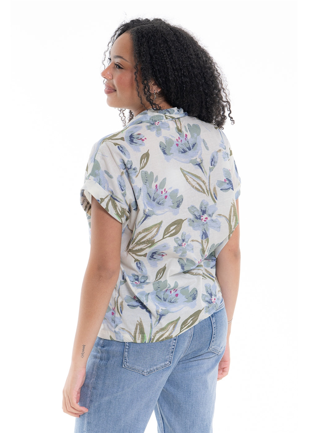 Cream Haven Cuff Top in blue floral print cotton, side view