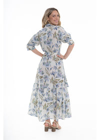 Cream Haven Dai Dress in blue floral print cotton, back view