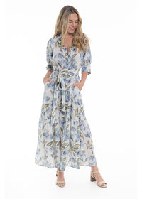 Cream Haven Dai Dress in blue floral print cotton, front view