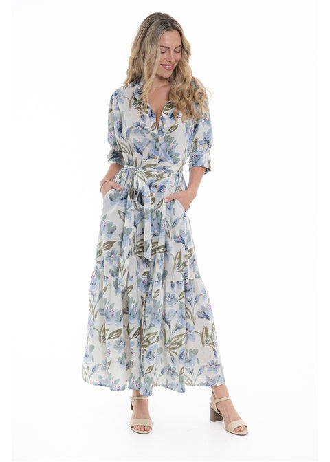 Cream Haven Dai Dress in blue floral print cotton, front view