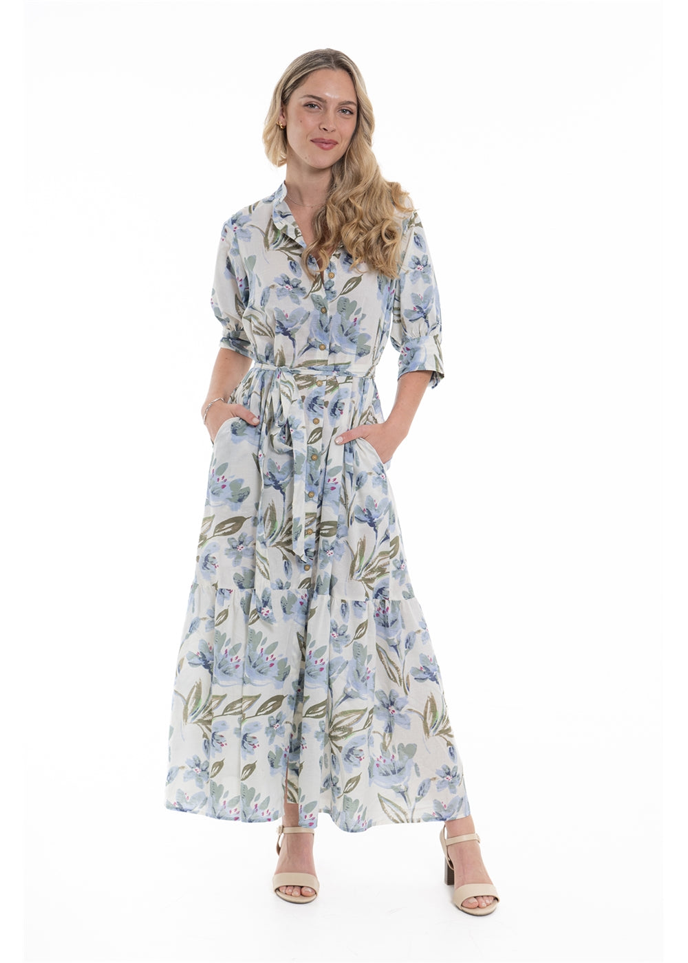 Cream Haven Dai Dress in blue floral print cotton, front view showing the side pockets