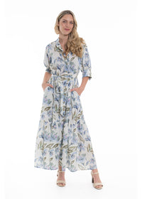 Cream Haven Dai Dress in blue floral print cotton, front view showing the side pockets