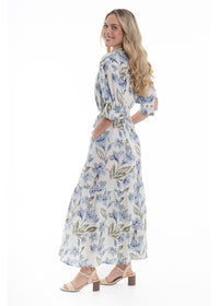 Cream Haven Dai Dress in blue floral print cotton, side view