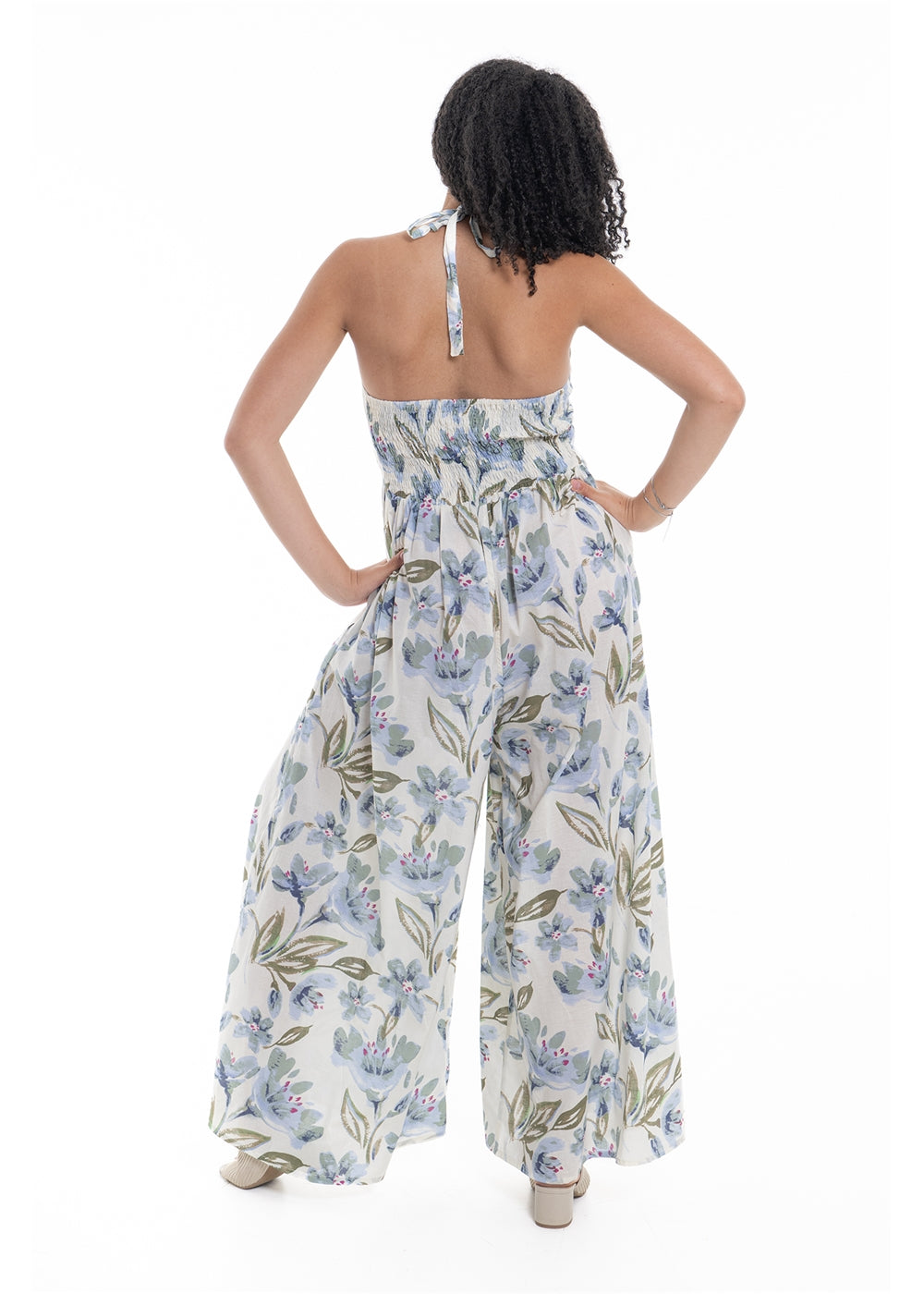 Cream Haven Halter Jumpsuit in blue floral print cotton, back view