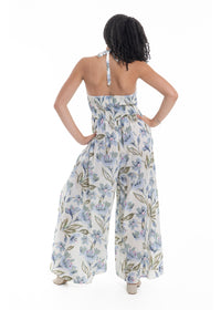 Cream Haven Halter Jumpsuit in blue floral print cotton, back view