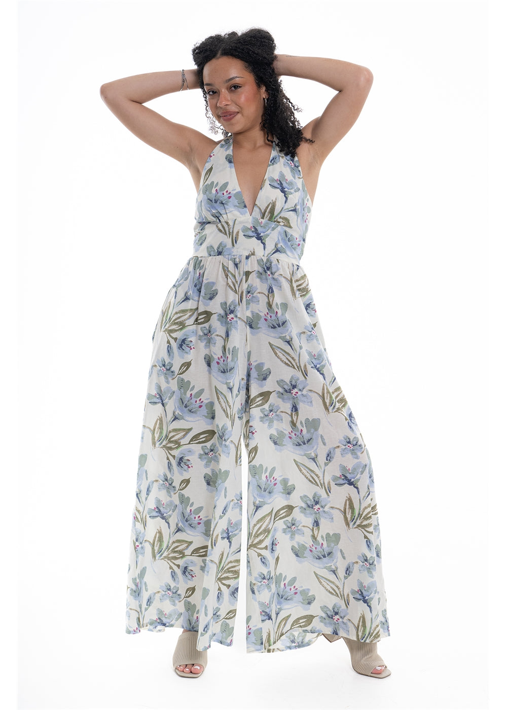 Cream Haven Halter Jumpsuit in blue floral print cotton, full length front view