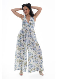 Cream Haven Halter Jumpsuit in blue floral print cotton, full length front view
