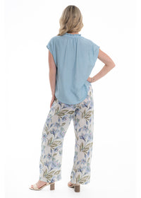 Cream Haven Hemi Pant in blue floral print cotton, back view