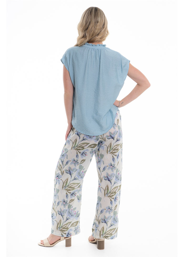 Cream Haven Hemi Pant in blue floral print cotton, back view