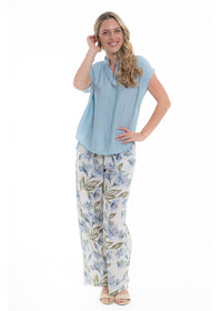 Cream Haven Hemi Pant in blue floral print cotton, second front view