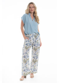Cream Haven Hemi Pant in blue floral print cotton, front view