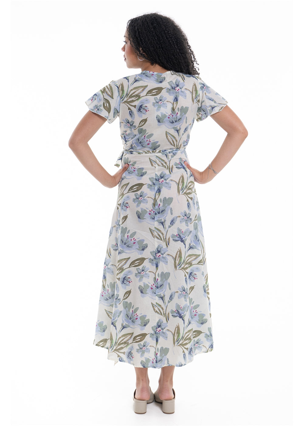 Cream Haven S/S Wrap Dress in blue floral print cotton, back view