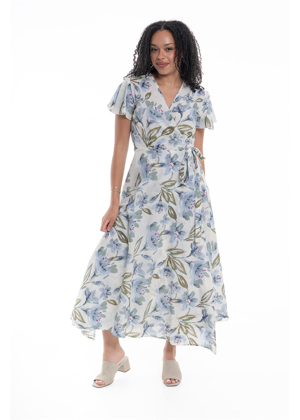 Cream Haven S/S Wrap Dress in blue floral print cotton, front view