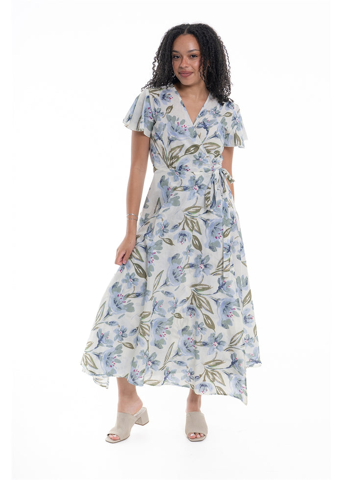 Cream Haven S/S Wrap Dress in blue floral print cotton, front view