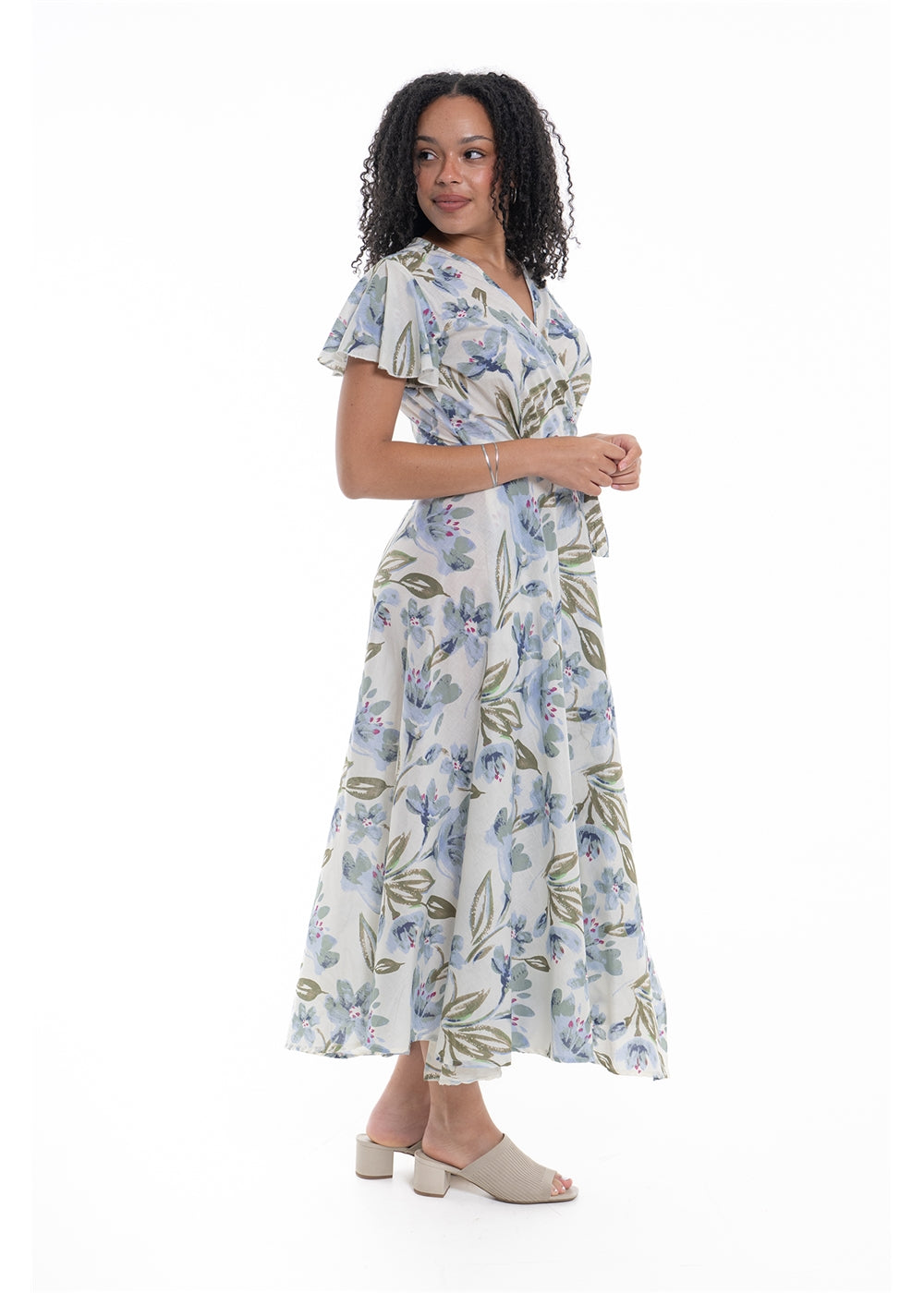 Cream Haven S/S Wrap Dress in blue floral print cotton, side view