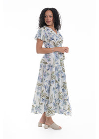 Cream Haven S/S Wrap Dress in blue floral print cotton, side view