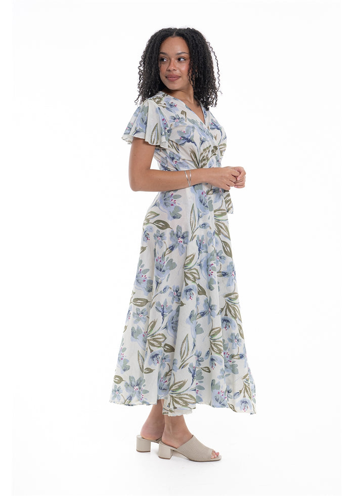 Cream Haven S/S Wrap Dress in blue floral print cotton, side view