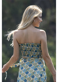 Dalah Bandeau in blue and green printed silk blend, back view showing the shirred bodice