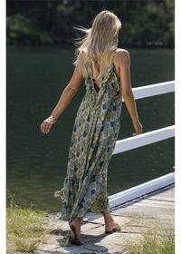 Dalah Gypsy Dress in blue and green printed silk blend with gold accents, back view showing the low neckline and frill detail