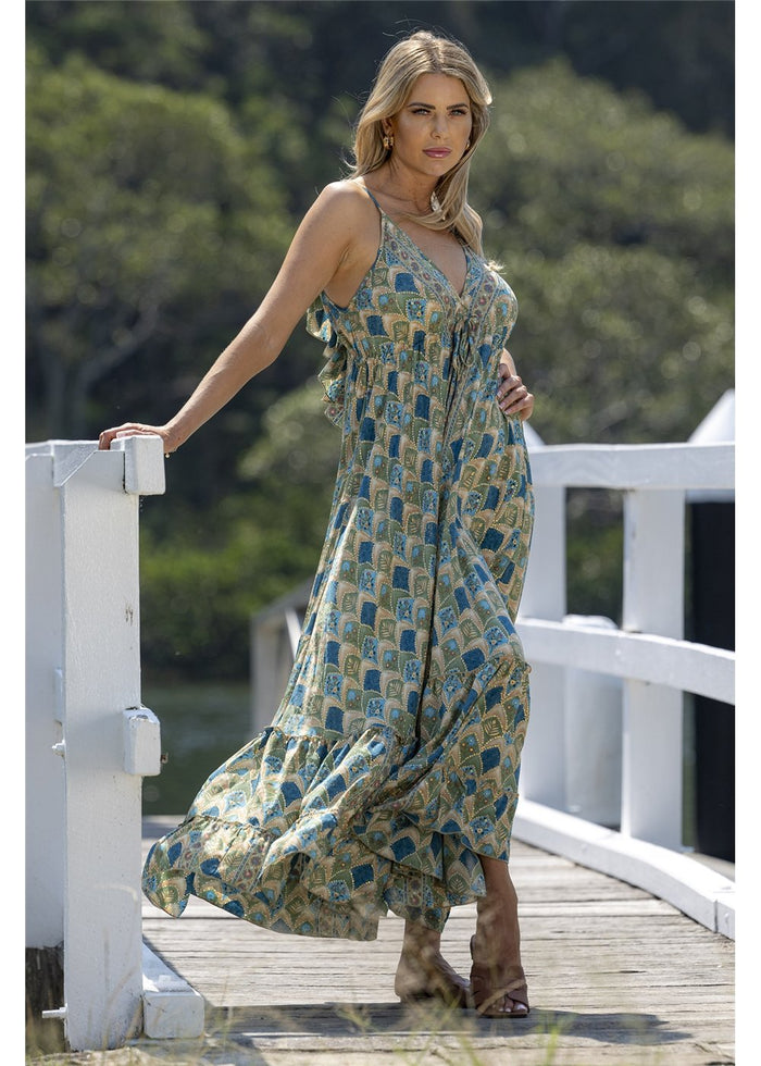 Dalah Gypsy Dress in blue and green printed silk blend with gold accents, front view showing the V neckline and flowing one-size shape