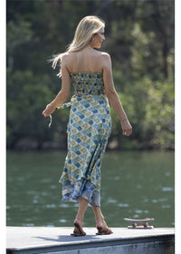 Dalah Wrap Skirt in blue and green printed silk blend, back view showing the drape and contrasting lower layer
