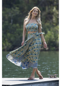 Dalah Wrap Skirt in blue and green printed silk blend, front view showing the waist tie and overlapping layers