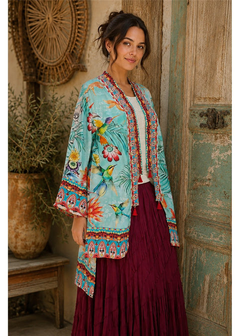 Hummingbird Kimono in aqua silk viscose, front view worn open with a wide sleeve and an ornate band down each edge