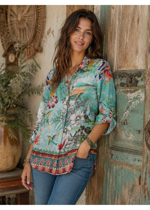 Hummingbird Shirt in aqua silk viscose, front view with collar, button through front and roll-up sleeves