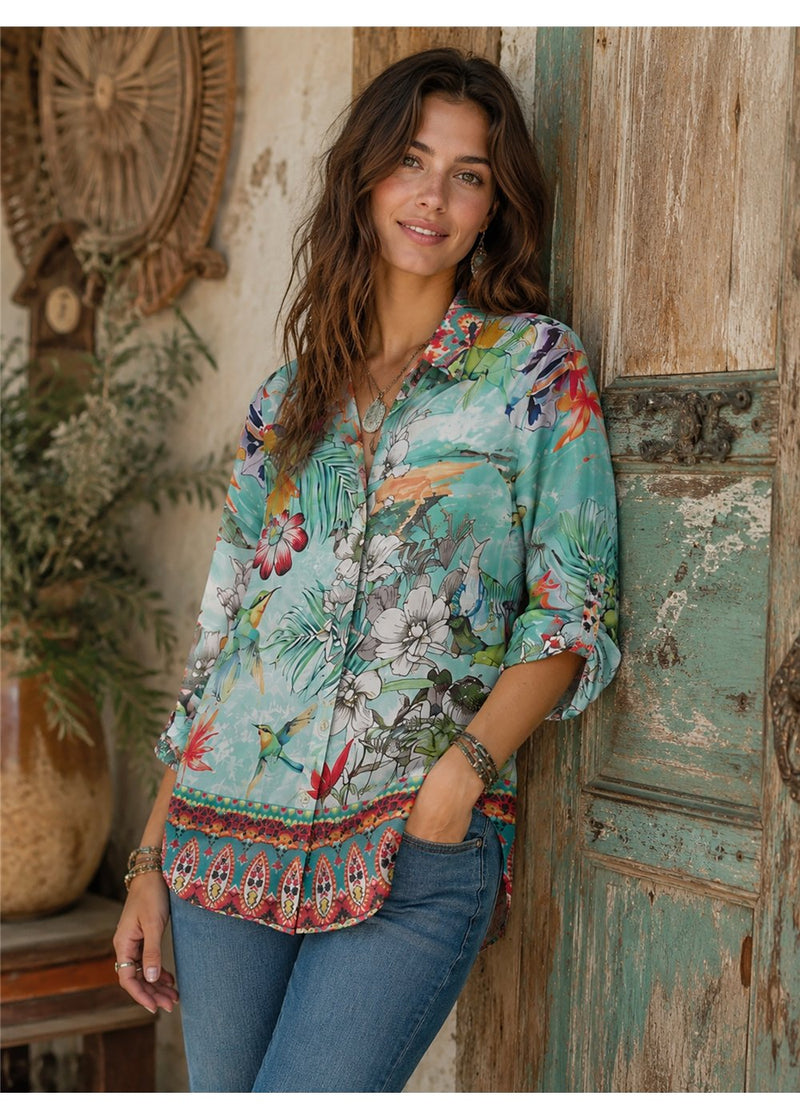 Hummingbird Shirt in aqua silk viscose, front view with collar, button through front and roll-up sleeves