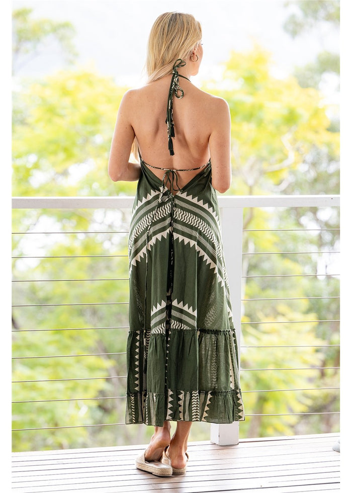 Karri Cotton Bikini Tie Halter Dress in olive green and cream geometric cotton, back view showing the low back and adjustable ties