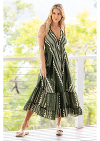 Karri Cotton Bikini Tie Halter Dress in olive green and cream geometric cotton, front view showing the halter neckline and gathered frill hem