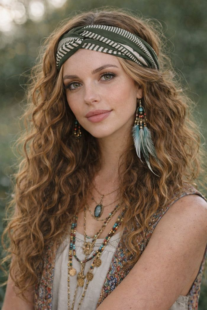 Karri Cotton Headband in olive green and cream geometric cotton, close front view showing the twisted centre and wide band