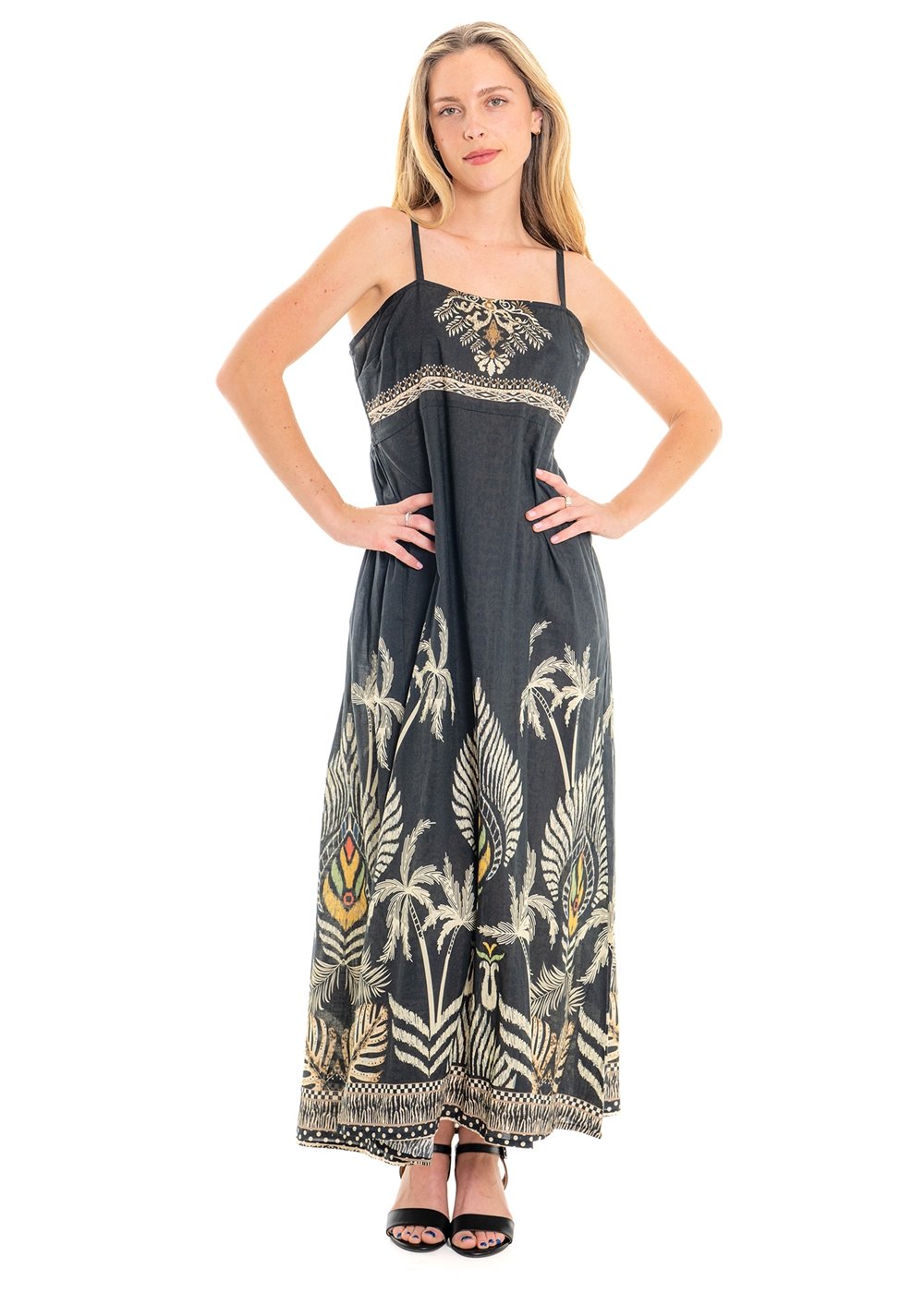 Malie Mood Dress in black cotton, front view with fine straps and straight neckline