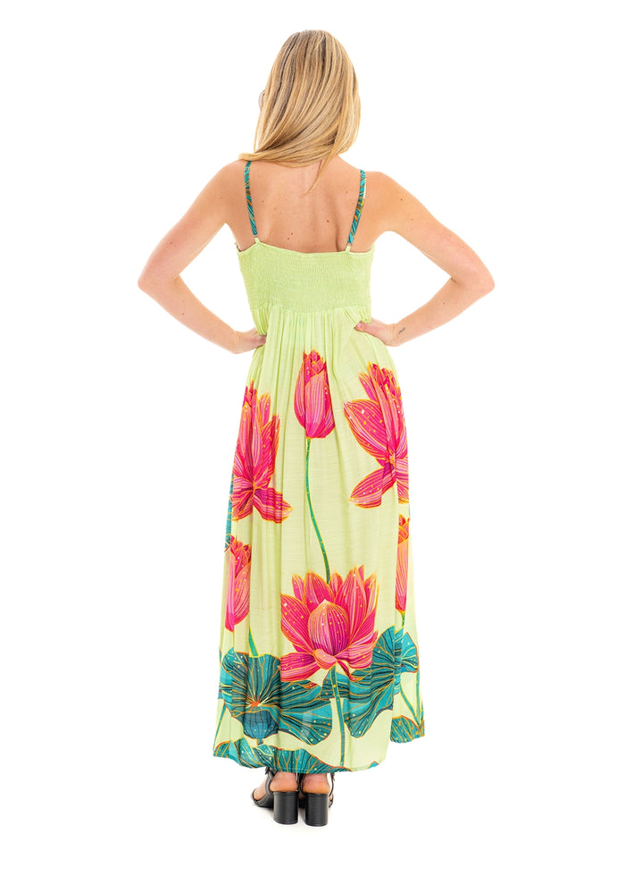 Lime Pink Lotus Dress in viscose linen, back view showing adjustable straps and the shirred bodice