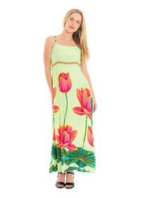 Lime Pink Lotus Dress in viscose linen, front view showing the straight neckline and lotus print