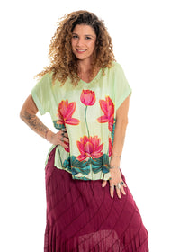 Lime Pink Lotus V-Neck Top in silk viscose, front view showing the V neckline and cuffed sleeves