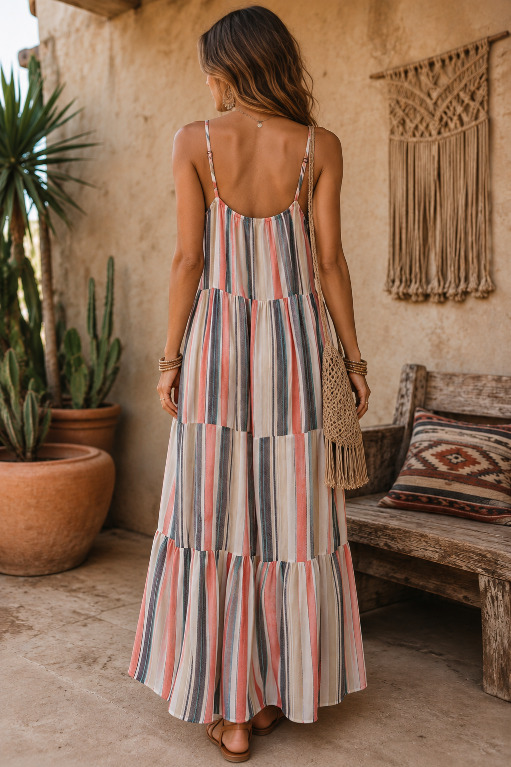 Summer Stripe Dress in coral striped viscose, back view showing the low scoop back and tiered maxi skirt