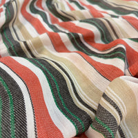 Summer Stripe Dress in coral striped viscose, close view of the woven coral, cream and charcoal stripe