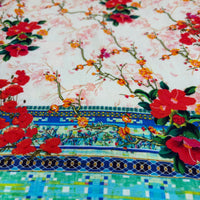 Tile Long Pants, close view of the coral blossom print