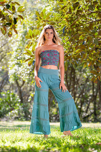 Tropez Pants in seafoam rayon voile, angled front view showing the gathered leg sections and flowing shape