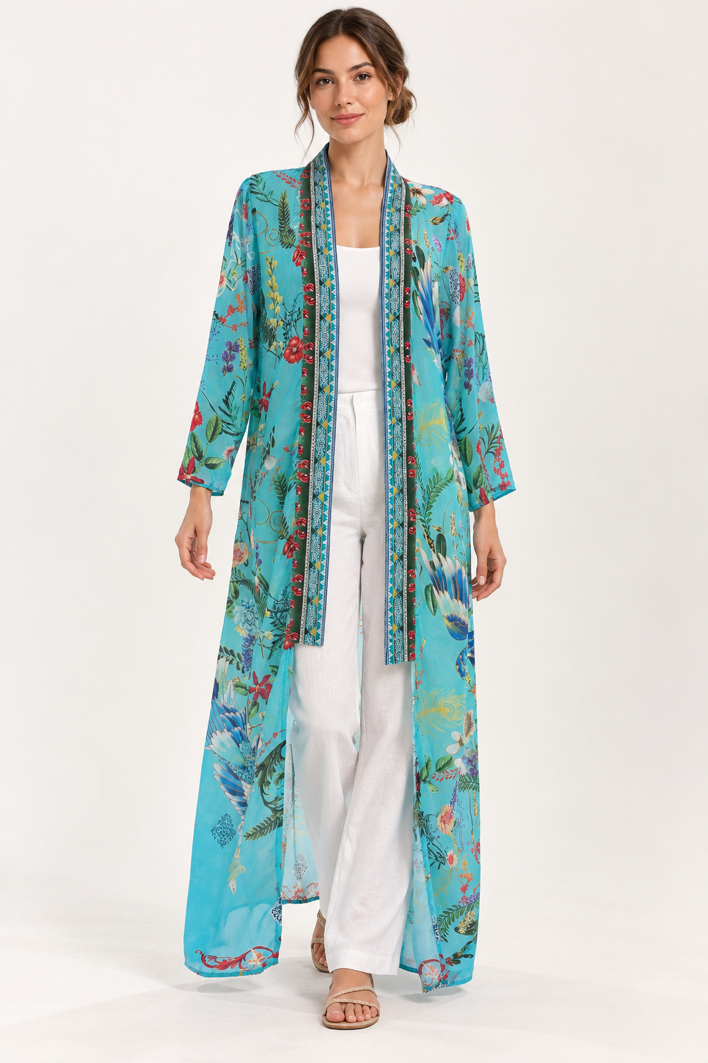 Turquoise Reverie Duster in turquoise with birds and botanical print, front view showing patterned borders and long sleeves