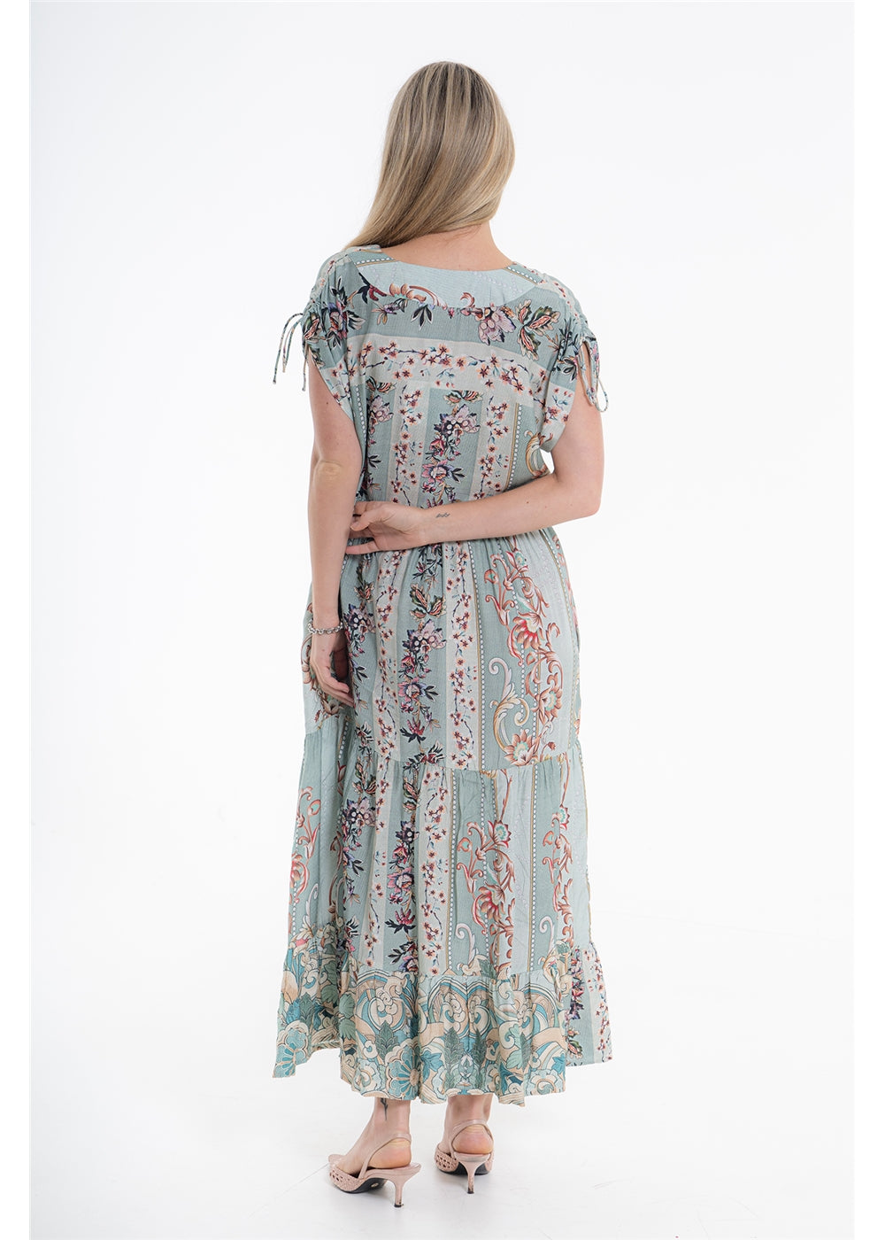 Vintage Blossom Bluebell Dress in blue-grey floral viscose linen, back view showing the shoulder ties
