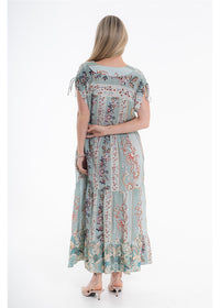 Vintage Blossom Bluebell Dress in blue-grey floral viscose linen, back view showing the shoulder ties