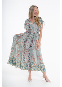 Vintage Blossom Bluebell Dress in blue-grey floral viscose linen, front view showing the tiered skirt held out