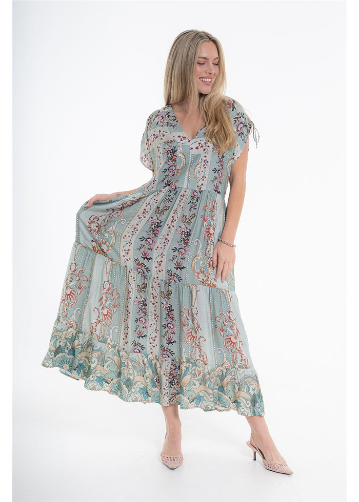 Vintage Blossom Bluebell Dress in blue-grey floral viscose linen, front view showing the tiered skirt held out