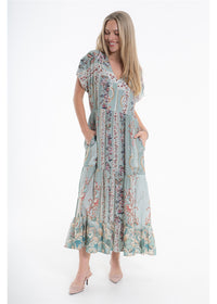 Vintage Blossom Bluebell Dress in blue-grey floral viscose linen, front view showing the side pockets
