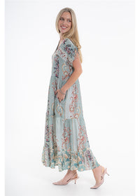 Vintage Blossom Bluebell Dress in blue-grey floral viscose linen, side view