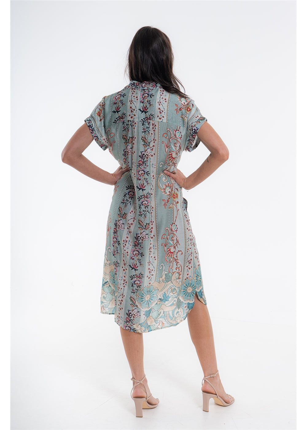 Vintage Blossom Dresden Dress in blue-grey floral silk viscose, back view with hands at the waist