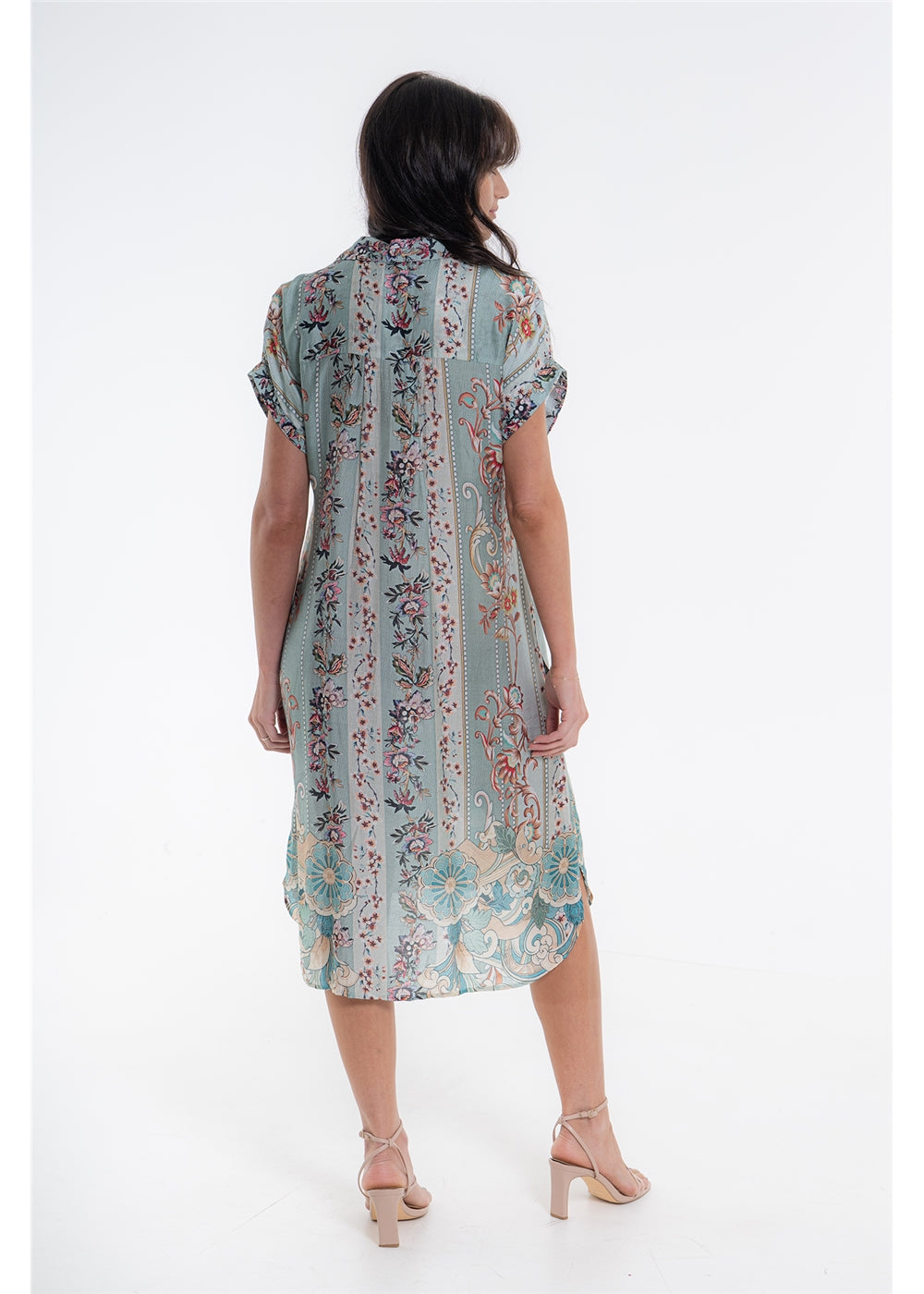 Vintage Blossom Dresden Dress in blue-grey floral silk viscose, three-quarter back view
